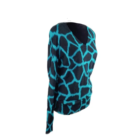 Michael Kors Womens M Blue & Black Giraffe V Neck Knit Top - Picture 3 of 7